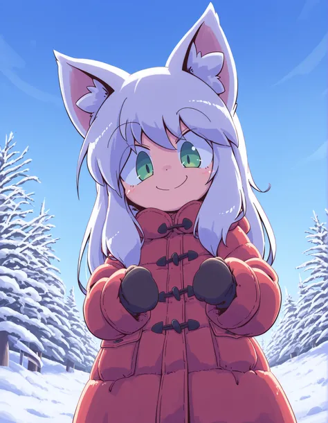 nettsuu_style,, anime, solo, BREAK, young fox girl, skinny and frail, (petite,cute:0.5), green eyes, looking at viewer, long hair, white hair, smile, winter clothes, outdoors, winter,