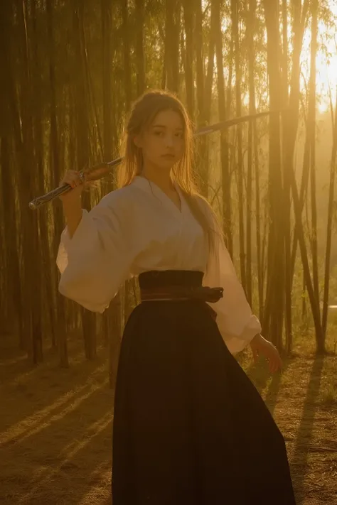 Scene: A dense bamboo forest at sunset, golden sunlight piercing through bamboo stalks creating dramatic shadow lines. Gentle wind rustles the leaves, adding natural rhythm.

Character: In traditional Japanese attire, flexible cloth flowing naturally with ...