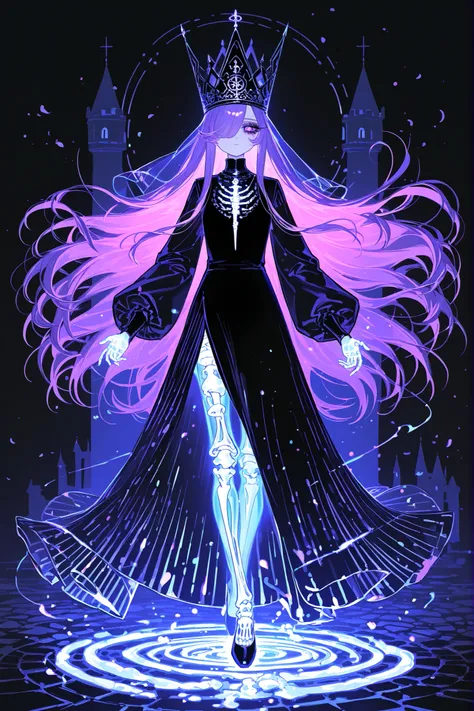 (source_anime,xxx667_illu,glowing,ghostly) The undead medival princes. (She has a transparent skin, the silhouette of her skeletal bones can be see through.) She has a shorty flat-chested body shape. She has ghostly pale skin and bruises under her eyes. S...