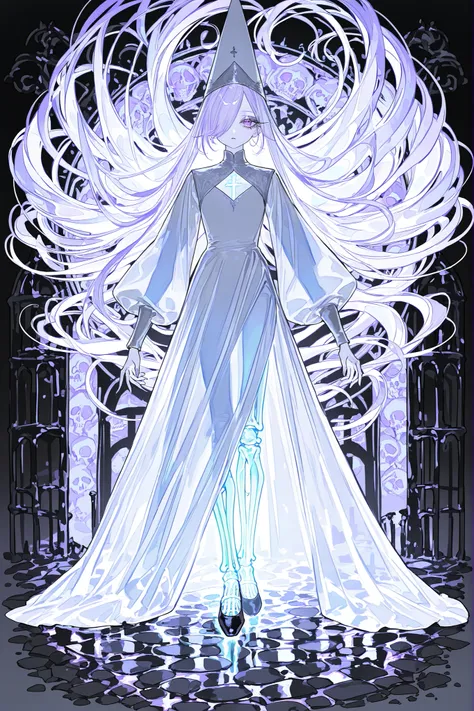 (source_anime,xxx667_illu,glowing,ghostly) The undead medival princes. (She has a transparent skin, the silhouette of her skeletal bones can be see through.) She has a shorty flat-chested body shape. She has ghostly pale skin and bruises under her eyes. S...