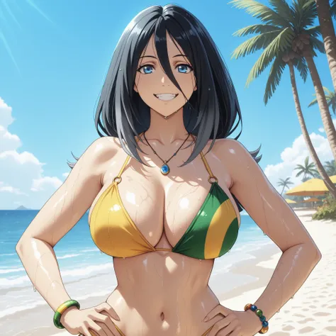 Shildina, blue eyes, black hair, adorno para el cabello, hair between her eyes, slender figure and generous breasts. she wears a bikini with the yellow and green design with a print of the Brazilian flag and wears bracelets and a small necklace. She is str...
