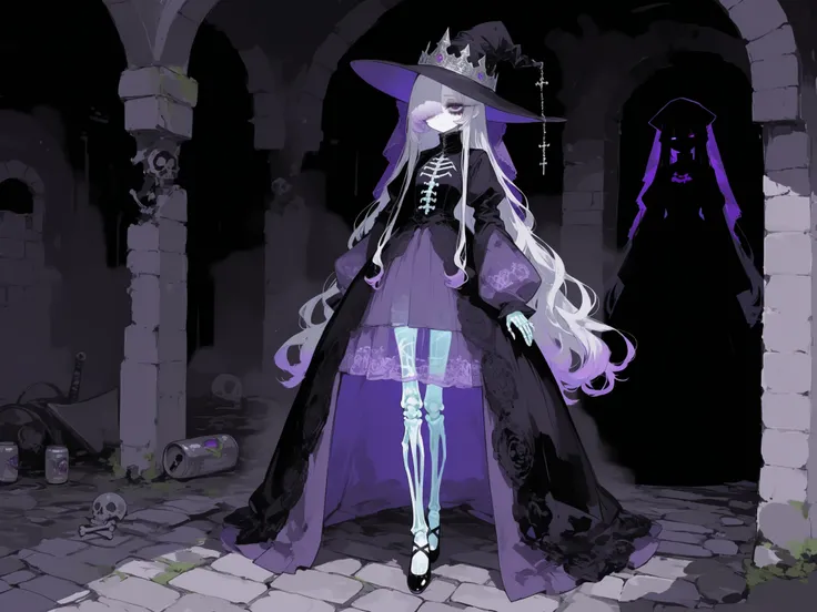 The undead medival princes. (She has a transparent skin, the silhouette of her skeletal bones can be see through.) She has a shorty flat-chested body shape. She has ghostly pale skin and bruises under her eyes. She has tired big black-purple eyes with long...