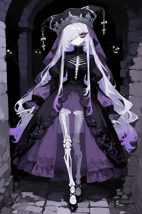 The undead medival princes. (She has a transparent skin, the silhouette of her skeletal bones can be see through.) She has a shorty flat-chested body shape. She has ghostly pale skin and bruises under her eyes. She has tired big black-purple eyes with long...