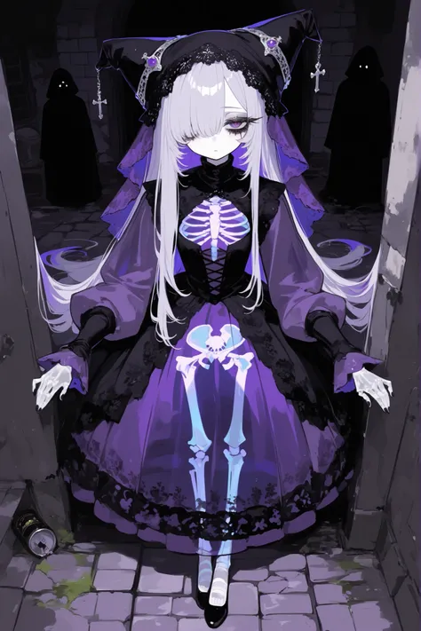 The undead medival princes. (She has a transparent skin, the silhouette of her skeletal bones can be see through.) She has a shorty flat-chested body shape. She has ghostly pale skin and bruises under her eyes. She has tired big black-purple eyes with long...