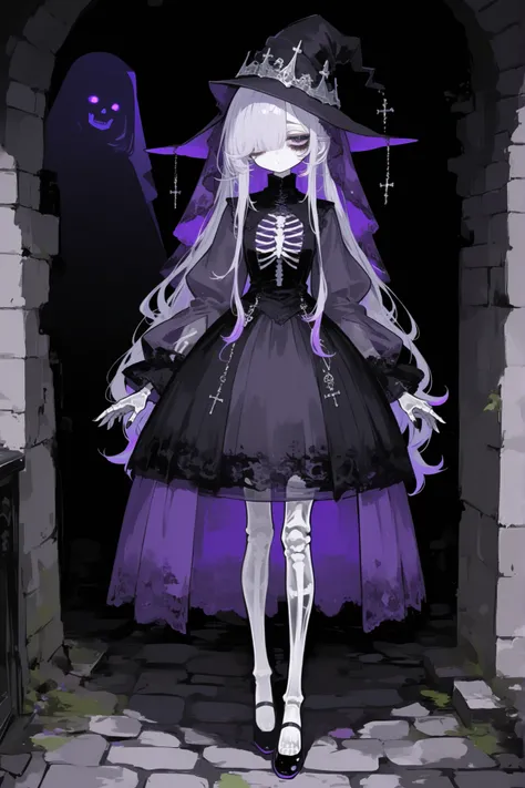 The undead medival princes. (She has a transparent skin, the silhouette of her skeletal bones can be see through.) She has a shorty flat-chested body shape. She has ghostly pale skin and bruises under her eyes. She has tired big black-purple eyes with long...
