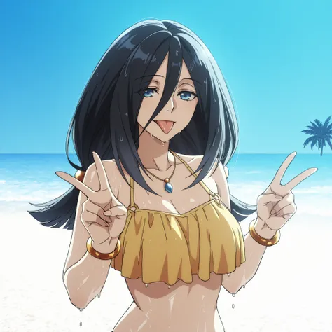 Shildina, blue eyes, black hair, a hair ornament, strands falling over her eyes, slender figure, and a generous bust. Fair skin. She wears a two-tone yellow and blue bikini, bracelets, and a small necklace. She strolls along a beautiful, paradisiacal beach...