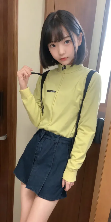 16 kg,20 years old,4K,8k,(:0.5),(:1.3),(:1.5),cute girl,かわいいyounger女の子,slender,(slender:1.3),(slender:1.5),short,skinny,(skinny:1.3),slender body,younger,(younger:0.4),(younger:1.3),knee-length skirt,I'm holding it in my mouth ,on,A large amount is hanging...