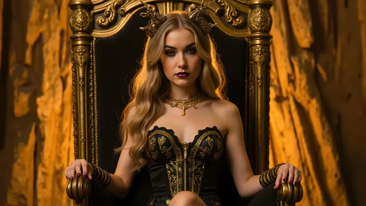 Come up with a description of a fantasy photo in the style of dark gothic and demons. A woman demon, an arrogant expression on her face, her irises glow with golden light, a golden fog comes from her eyes, she has very lush, wavy, golden, long hair like a ...