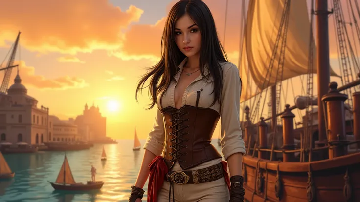 A captivating fantasy woman emerges as a striking pirate. Her bronze sun-kissed skin glows against the vibrant backdrop of a bustling port at sunset, while her golden honey eyes sparkle with mischief, embodying the spirit of adventure. Long, flowing black ...