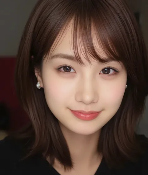 The image is a close-up photograph of a young Asian woman with a fair complexion. Her face dominates the frame, occupying the majority of the image, with her eyes, nose, and lips prominently visible. She has large, almond-shaped eyes with long, thick eyela...