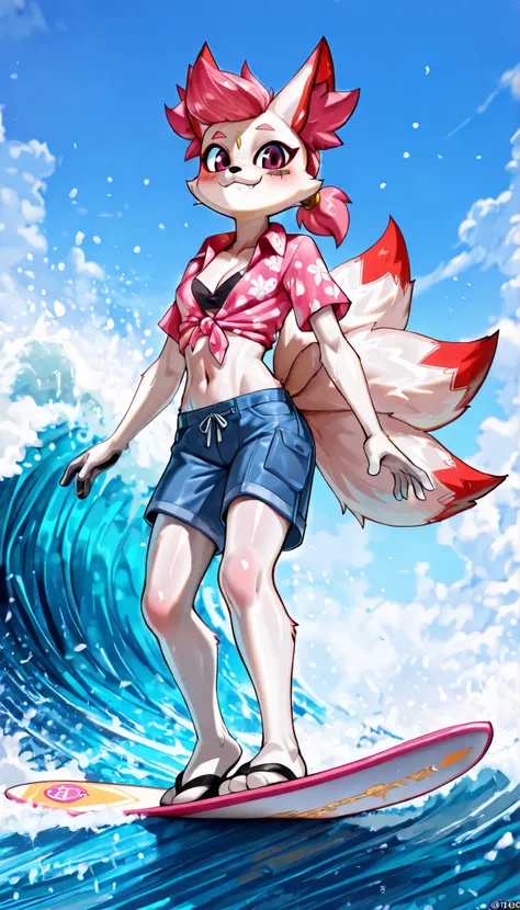 score_9,score_8_up,score_7_up, source_cartoon, source_furry, thick outline, anthropomorphic, countershading, kimiko five tails, furry female anthro, fox girl, white body fur, Pink hair, ((pink hawaiian shirt, short sleeves, collared shirt, tied shirt, midr...