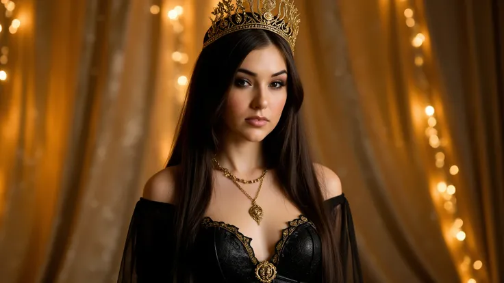 A stunning mystical woman with long flowing black hair, unforgettable and sensual, in a dark witch-goddess style. She wears a black corset and an elegant black gown with golden accents and jewelry. Her look is powerful, alluring, and strikingly beautiful, ...