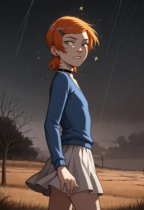 Gwen Tennyson . ginger . short hair . green eyes . flat breasts, flat chest, huge hips . slim body . choker . |  "Create a dark and emotional illustration inspired by the song Gone Forever by Three Days Grace . The scene must portray the pain of loss and t...