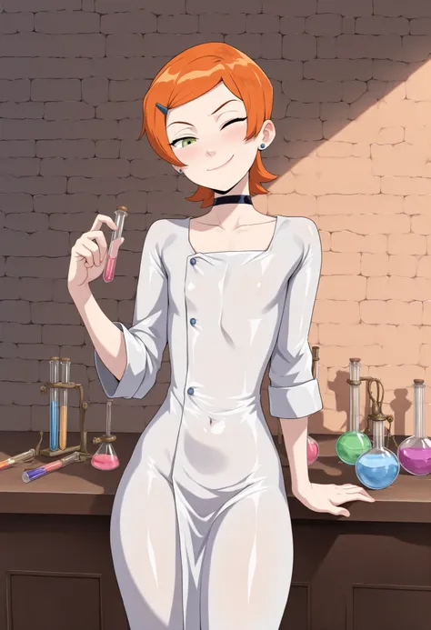 Gwen Tennyson . ginger . short hair . green eyes . flat breasts, flat chest, huge hips . slim body . choker . |   ((masterpiece)) , ((best quality)) , amazing quality , very aesthetic , absurdres , newest , sfw , fantasy , background: alchemist room , 1gir...