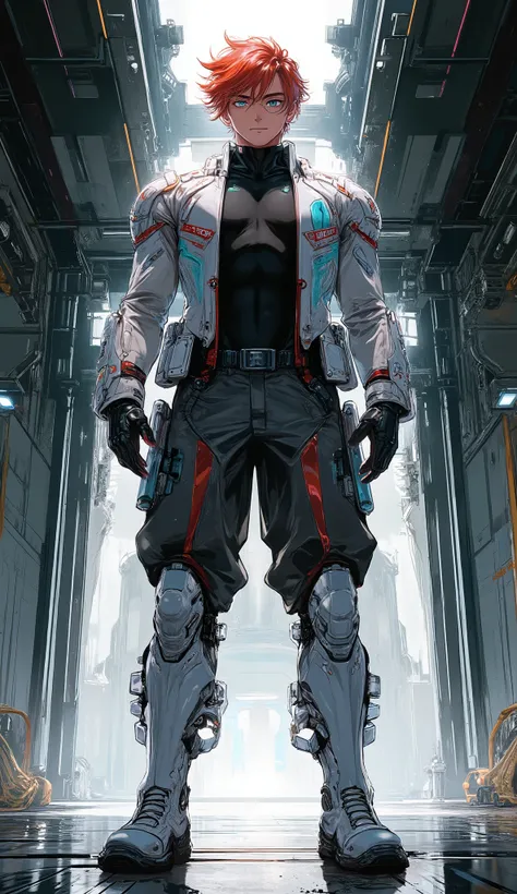 (Masterpiece, best quality, ultra-detailed, cinematic lighting), exquisite mature anime illustration art, full body shot of a handsome elite military officer with a rebellious yet composed temperament, standing tall and poised in a futuristic sci-fi hangar...