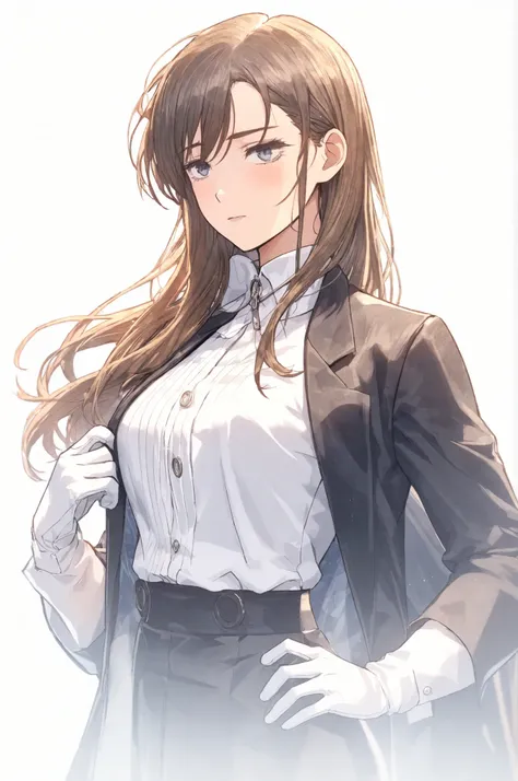 Sayaka Kanzaki, half-body portrait, a tall elegant woman with a mature and subtly sexy figure, long flowing brown hair, and an extraordinarily beautiful face. She wears a refined black butler suit without a tie, with a crisp white shirt slightly open at th...