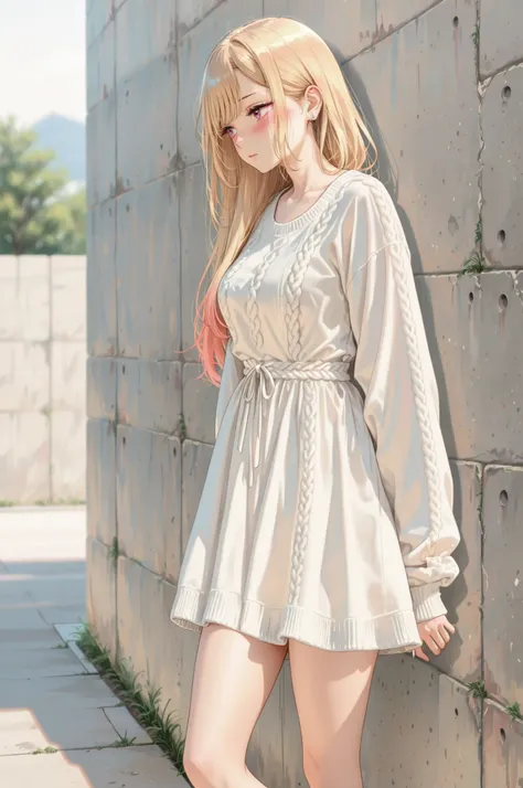 1 Girl, In front of a concrete wall:1.2, solo, marin kitagawa, ((Blush)), Blonde, Long Hair , ((turn around, white knit dress, thighs)), pay attention to light and shadow in every detail, blurred background, (Highest Quality:1.2, 4K, 8k, very detailed, at...