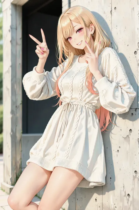 1 Girl, In front of a concrete wall:1.2, solo, marin kitagawa, ((smile)), Blonde, Long Hair , ((v, white knit dress, thighs)), pay attention to light and shadow in every detail, blurred background, (Highest Quality:1.2, 4K, 8k, very detailed, attention to...