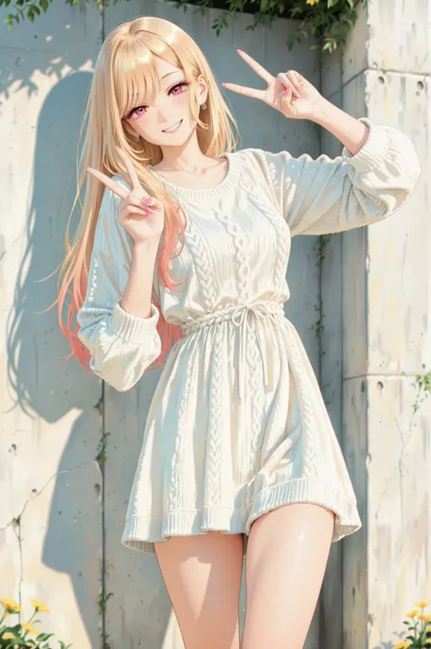1 Girl, In front of a concrete wall:1.2, solo, marin kitagawa, ((smile)), Blonde, Long Hair , ((v, white knit dress, thighs)), pay attention to light and shadow in every detail, blurred background, (Highest Quality:1.2, 4K, 8k, very detailed, attention to...
