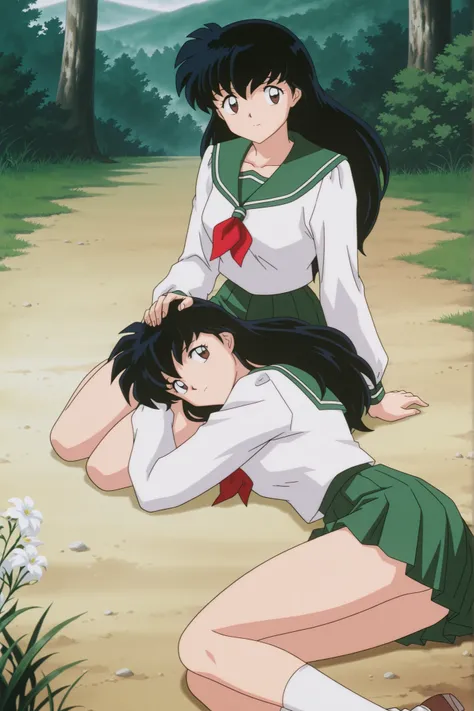 masterpiece,best quality,amazing quality, higurashikagome, masterpiece, best quality, amazing quality,, kagome higurashi, long hair, black hair, retro artstyle, brown eyes, anime screencap, skirt, shirt, long sleeves, school uniform, white shirt, pleated s...