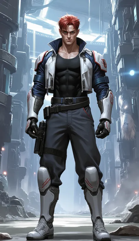 masterpiece, best quality, exquisite mature anime illustration, futuristic sci-fi art style.
A handsome man, an elite military officer, with a tall, lean, and muscular build, broad shoulders, and a chiseled face with a strong jawline. He has fluffy, layere...