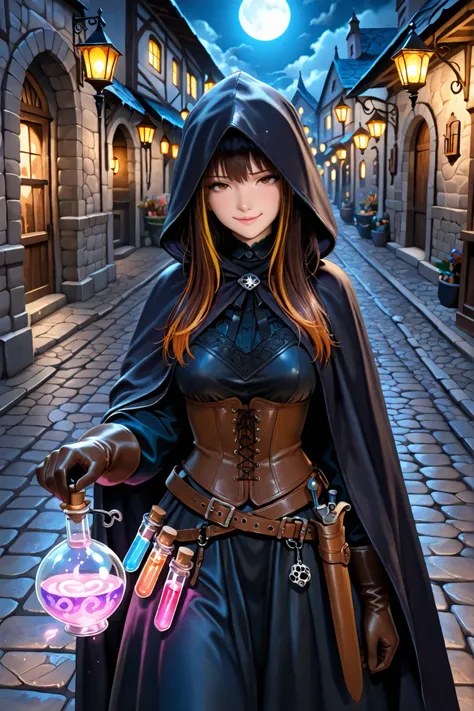 (masterpiece, best quality, detailed, cinematic lighting),  
(a mysterious apothecary woman standing behind her street stall, surrounded by glowing potions and strange herbs, medieval european marketplace at night, cobblestone street, flickering lanterns c...