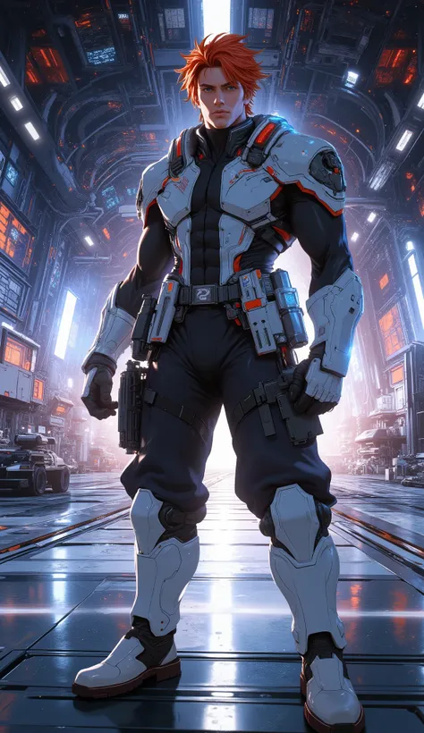 (masterpiece, best quality, ultra-detailed, exquisite mature anime illustration), dynamic composition, sharp focus, futuristic sci-fi atmosphere. A handsome elite military officer with a powerful, slender, and well-defined physique, perfect anatomy, perfec...