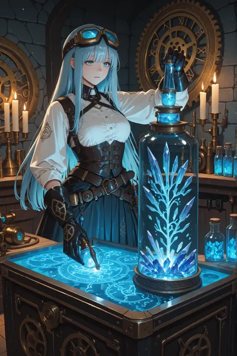 (masterpiece, best quality, ultra detailed, cinematic lighting, fantasy alchemist style),  
(a female alchemist mixing glowing liquids in a glass vial, focused and calm expression, standing in front of an alchemy workbench filled with apparatus, ancient sc...