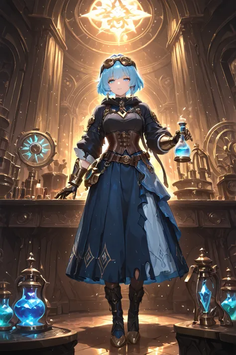 (masterpiece, best quality, ultra detailed, cinematic lighting, fantasy alchemist style),  
(a short hair female alchemist mixing glowing liquids in a glass vial, focused and calm expression, standing in front of an alchemy workbench filled with apparatus,...