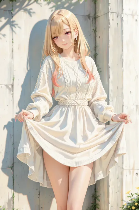 1 Girl, In front of a concrete wall:1.2, solo, marin kitagawa, ((smile)), Blonde, Long Hair , ((white knit dress, skirt lift, thighs)), pay attention to light and shadow in every detail, blurred background, (Highest Quality:1.2, 4K, 8k, very detailed, att...