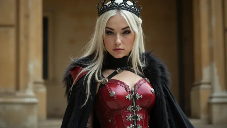 8k hyper realistic, cinematic, dslr, luis royo style, a blend of sharon stone, kristanna loken, margot robbie, as the young gothic warrior queen stands victorious, her raven tresses loose beneath the black crown, fair skin contrasting with piercing light...