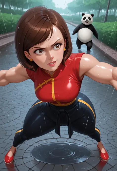 Helen Parr , mature female, medium hair, Bob_cut, brown hair, brown eyes, big eyes, long eyelashes, medium breasts, narrow waist, thick thighs, huge hips, fair skin, thin hands, earrings, makeup, pink lips, lipstick.|  top quality , masterpiece , Ultra Hig...