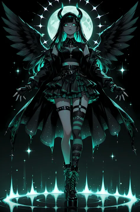 neon dreamcore,iridescent glow,holographic,pastel void,luminescent skin,celestial tones,smooth reflective surface,glowing eyes,shimmercore,1girl,long flowing black hair, emerald green eyes, demon girl, demon horns, demon black wings, a black cropped sweate...
