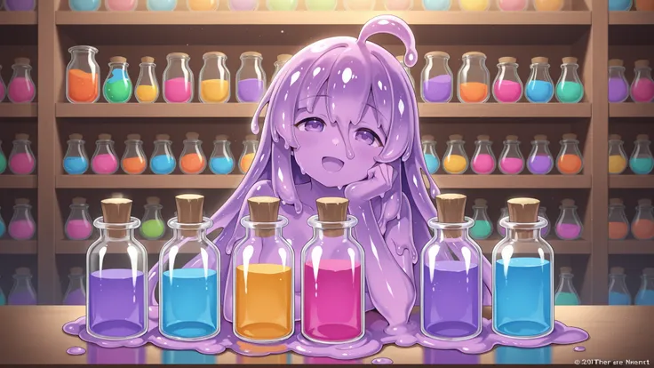 Potion Merchant、slime girls in jars、There are lots of colorful jars on the shelf、