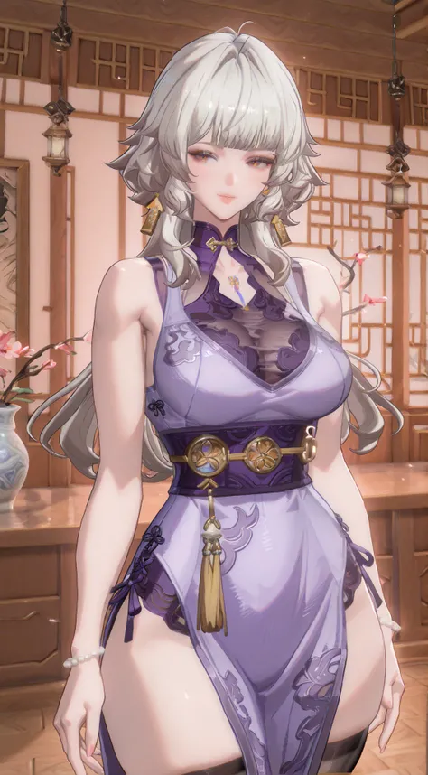 there is a woman with a purple dress posing for a picture, japanese goddess, gorgeous chinese model, sakimichan, bust with a beautiful neck, 中 元 节, bust with a long beautiful neck, 奈良美智, anime girl in real life, cheongsam, beautiful asian girl, seductive a...