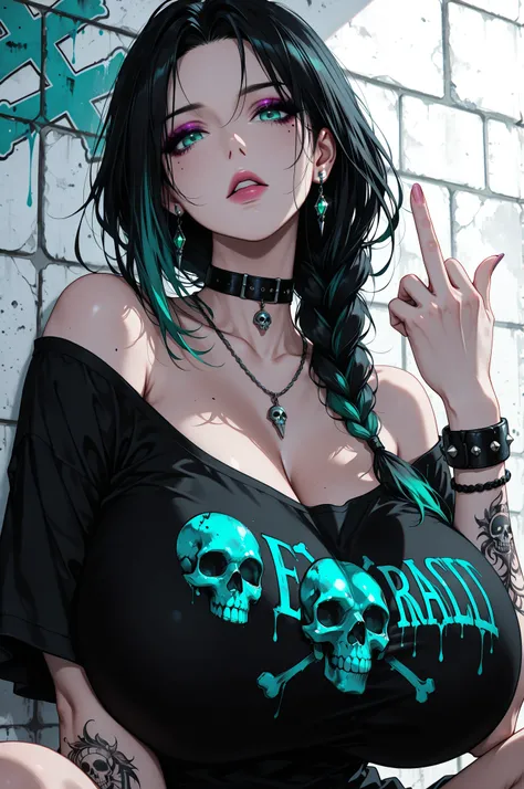 1girl, black hair, emerald eyes, long hair, braid, off shoulder, parted lips, multicolored hair, single braid, lips, bare shoulders, collar, makeup, earrings, shirt, choker, necklace, short sleeves, off-shoulder shirt, t-shirt, armlet, gigantic breasts, br...