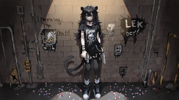 pill,high quality video、1 person、 long black hair 、Black Panther girl 、Excessive accessories、lots of piercings、Lots of bracelets、I'm holding a revolver handgun、punk rock、leaning against the wall、punk rockスタジオ、fantastic spotlight、dust particles are flying t...