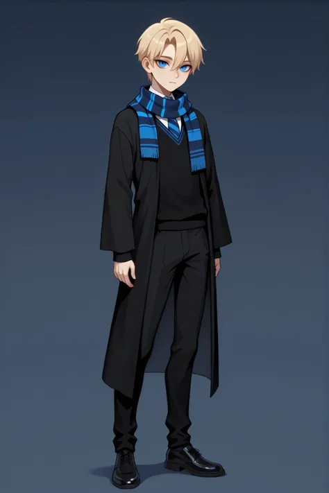 best quality, masterpiece, 4k resolution, 1boy, solo, youthful, full body, blonde hair, clean hair, tidy hair, neat hair, bangs, parted bangs, hair between eyes, short hair, blue eyes, sharp eyes, looking at viewer, confident posture, hogwarts uniform, r...