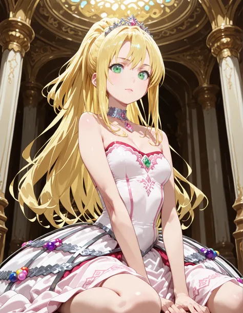 sitting, wariza,((upper body,)), ((upper body, from below,)),(( liliana heiligh, blonde hair, long hair, ponytail, green eyes, tiara, small chest )),(Masterpiece),(Best Quality),(Super Detail),(Very Delicate and Beautiful),Solo,((full body,standing pose)),...