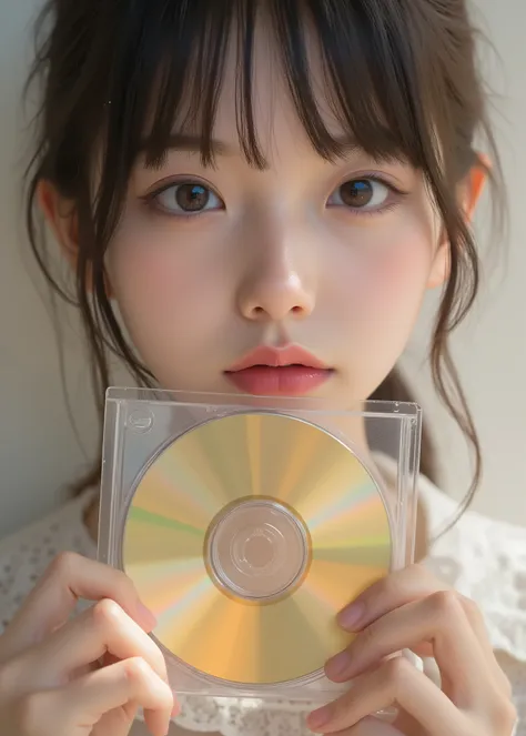 色白の肌を見せているとてつもなくかわいい日本人の女の子,幼い顔、透明なCDケースを持つ、中に金色に輝くCD,非常にリアル, これは非常に詳細デジタル写真です、 プロのカメラマンが撮影、完璧な照明、 美人パーフェクトハンド 、クローズアップ写真、詳細