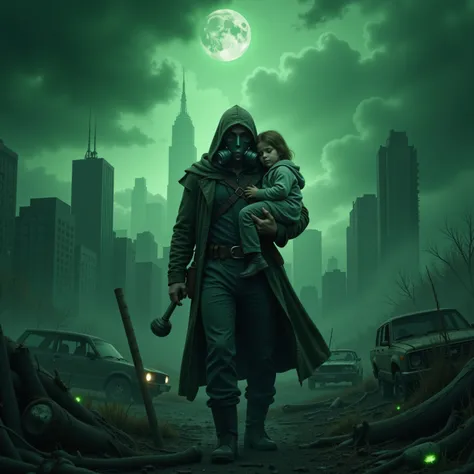 (masterpiece, best quality, ultra detailed, 8k, cinematic), a lone survivor with a gas mask and tattered cloak carries a sleeping child through the toxic ruins of a once-great city. They are fleeing from eerie glowing mist that consumes everything. The chi...