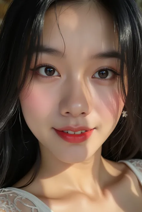 masterpiece, ultra-detailed, photorealistic, beauty photography portrait of a stunning Japanese woman with natural East Asian features, flawless smooth skin, elegant makeup with glossy red lips and subtle eyeshadow, softly styled dark hair, cinematic close...