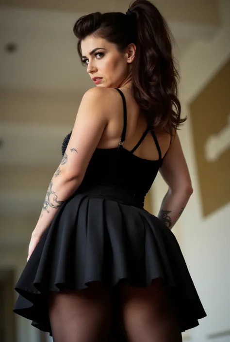 imposing rear-angle portrait of domineering European woman with stout powerful build, wide hips and thick strong legs in authoritative stance, minimal head turn revealing just a glimpse of stern profile with intense sidelong glare, wavy dark brown hair ins...