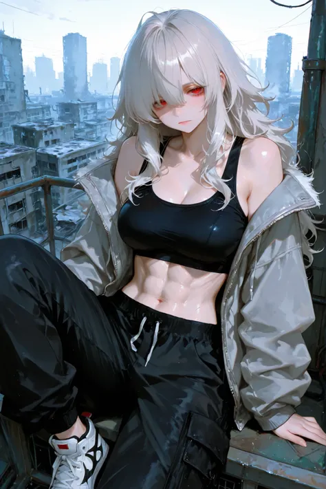 wolfcut, fluffy hair, voluminous hair, wavy centerparted, wavy bangs, wavy hair, wolfcut, 748cmstyle, 1girl solo, ultrahd, best quality, highres, beautiful eyes, best eyes, good eyes, 8k, 4k, ultrahd, tall, wolf cut, platinum hair, abs, sports bra, black s...