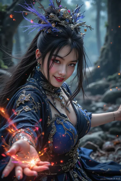 Close-up Potrait of Diablo, Sorceress ,  wizard, 대 wizard, full body photo, A Korean woman in his 20s who had a gorgeous magic , using magic,dramatic pose,Detailed description ,Beautiful Face,Dark Forest of Horror,intense expression,colorful magical effect...