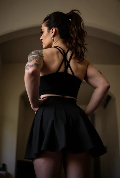 imposing rear-angle portrait of domineering European woman with stout powerful build, wide hips and thick strong legs in authoritative stance, minimal head turn revealing just a glimpse of stern profile with intense sidelong glare, wavy dark brown hair tie...