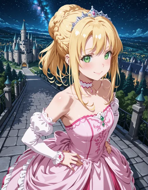 1girl, solo, smile, looking at viewer, blurry background, from above, hand on own hips, smile, blush, ((liliana heiligh, blonde hair, ((bun hair))((french braid)), green eyes, tiara, choker, bare shoulders, detached sleeves, pink dress, castle, )), outdoor...