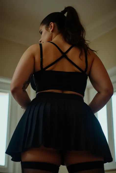 imposing rear-angle portrait of domineering European woman with stout powerful build, wide hips and thick strong legs in authoritative stance, minimal head turn revealing just a glimpse of stern profile with intense sidelong glare, wavy dark brown hair tie...