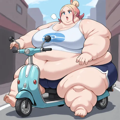 taunie, aged up, taunie \(pokemon\), pink hair, blonde hair, gradient hair, multicolored hair, single hair bun, ahoge, blue eyes, short hair, sidelocks, tank top, midriff, dolphin shorts, sitting on mobility scooter, using mobility scooter, fat, chubby, ob...