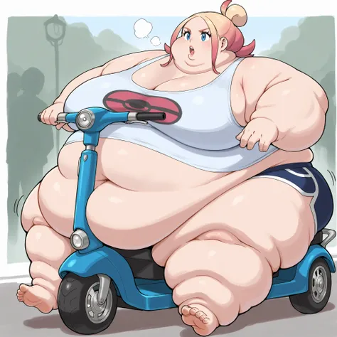taunie, aged up, taunie \(pokemon\), pink hair, blonde hair, gradient hair, multicolored hair, single hair bun, ahoge, blue eyes, short hair, sidelocks, tank top, midriff, dolphin shorts, sitting on mobility scooter, using mobility scooter, fat, chubby, ob...